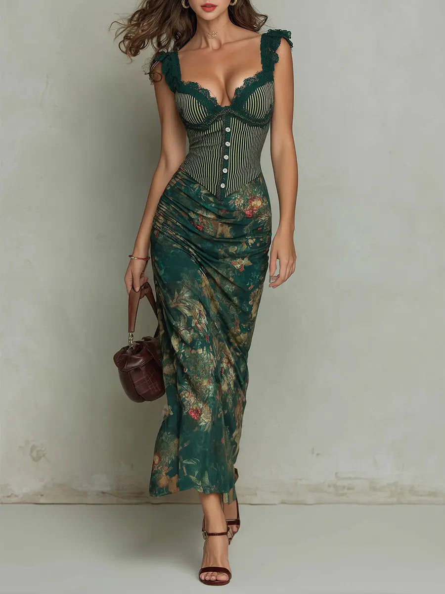 GIORGIA™ | Long Floral Striped Dress with Retro Lace Trim CULT ÉIRE