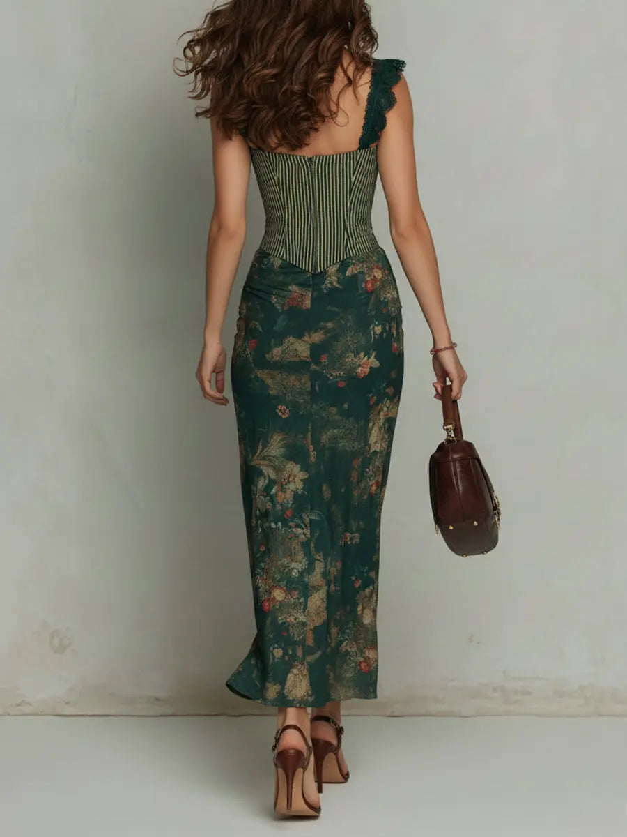 GIORGIA™ | Long Floral Striped Dress with Retro Lace Trim CULT ÉIRE