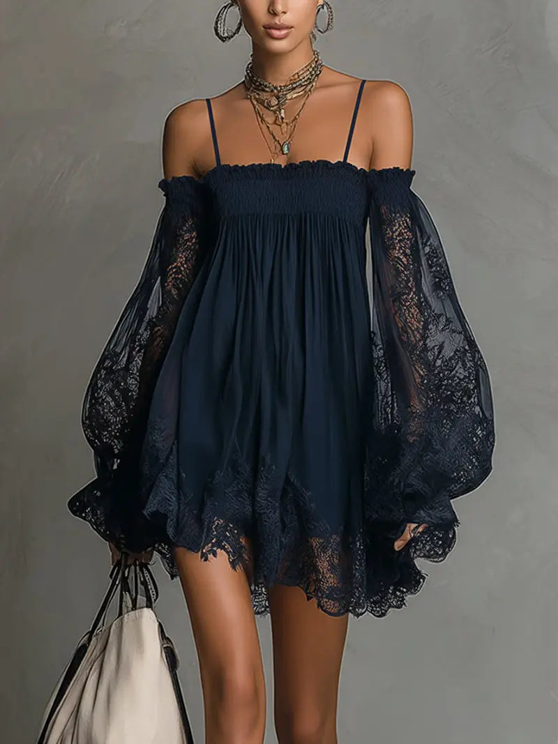NOEMI™ | Navy Blue Off-Shoulder Chiffon Mini Dress with Lace Trim and Sheer Sleeves CULT ÉIRE