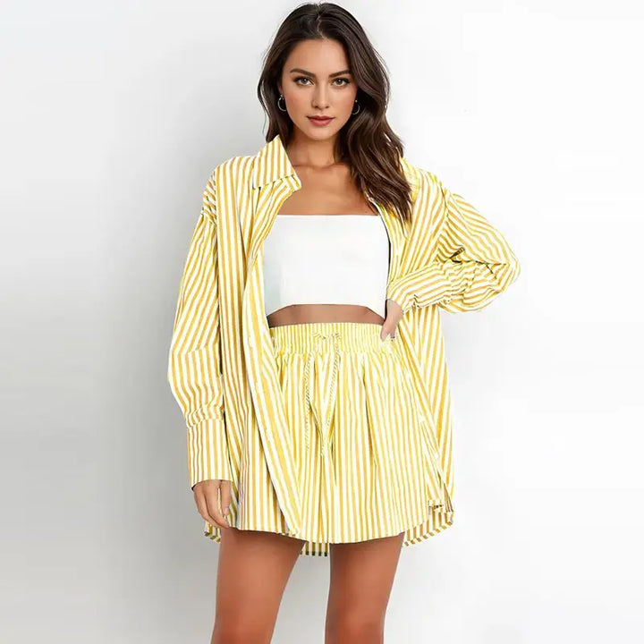 TIFY™ –  Chic Striped Collared Shirt and Wide-Leg Shorts Set CULT ÉIRE