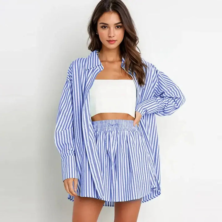 TIFY™ –  Chic Striped Collared Shirt and Wide-Leg Shorts Set CULT ÉIRE