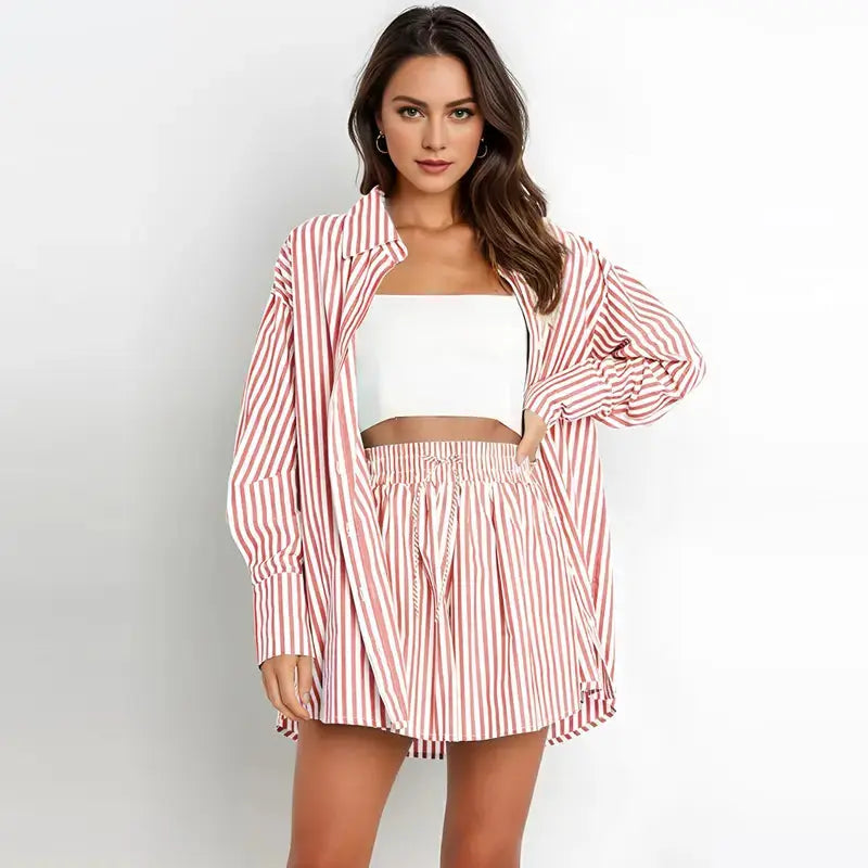 TIFY™ –  Chic Striped Collared Shirt and Wide-Leg Shorts Set CULT ÉIRE