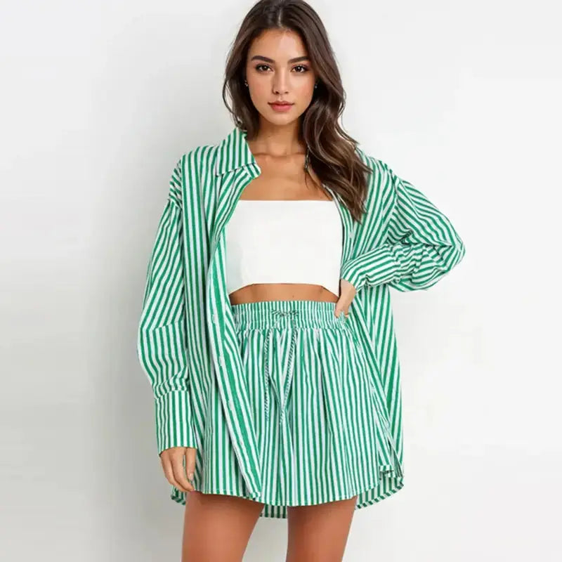 TIFY™ –  Chic Striped Collared Shirt and Wide-Leg Shorts Set CULT ÉIRE