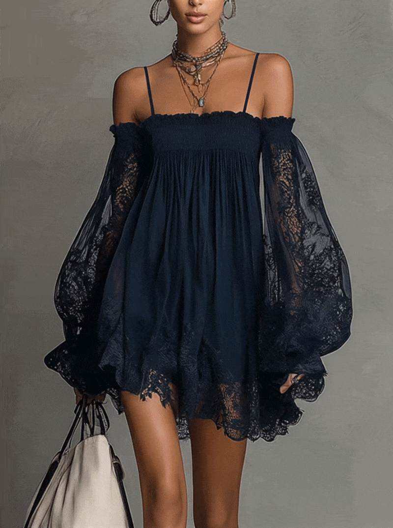 NOEMI™ | Navy Blue Off-Shoulder Chiffon Mini Dress with Lace Trim and Sheer Sleeves CULT ÉIRE