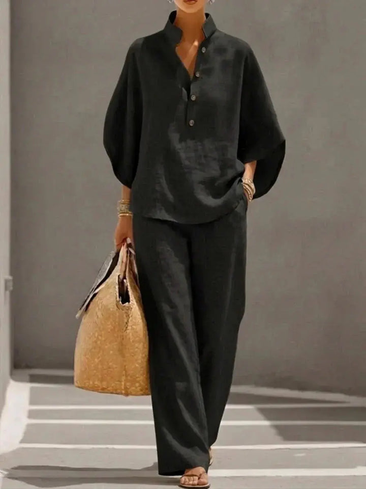 MARIBEL | Linen outfit with batwing sleeves and wide-leg trousers CULT ÉIRE