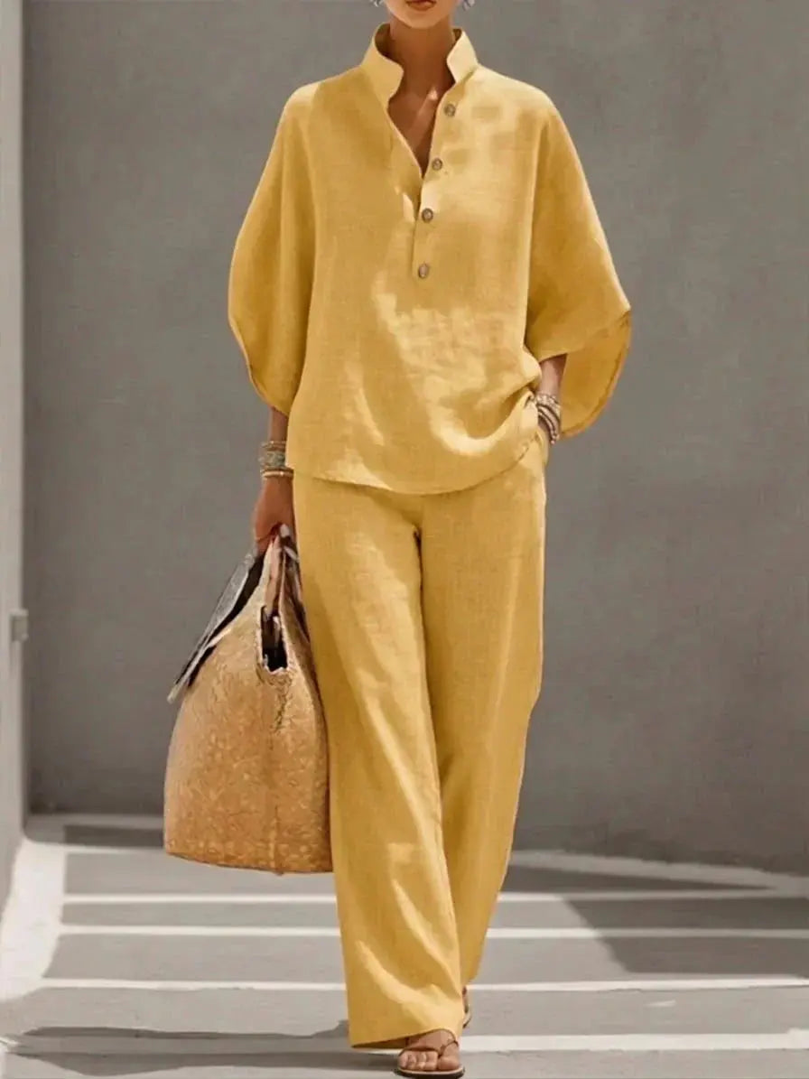 MARIBEL | Linen outfit with batwing sleeves and wide-leg trousers CULT ÉIRE