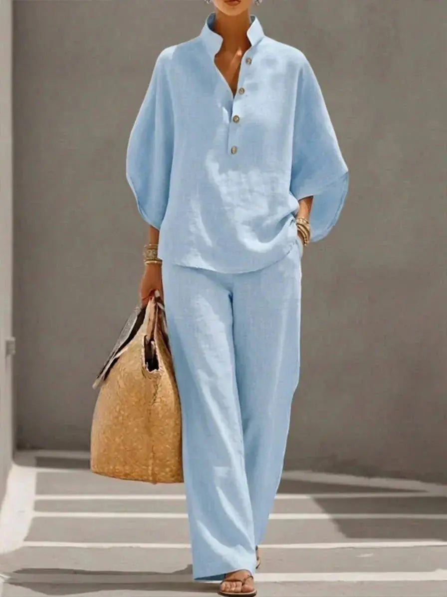 MARIBEL | Linen outfit with batwing sleeves and wide-leg trousers CULT ÉIRE