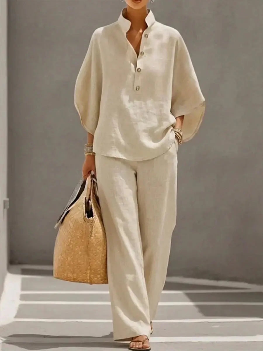 MARIBEL | Linen outfit with batwing sleeves and wide-leg trousers CULT ÉIRE