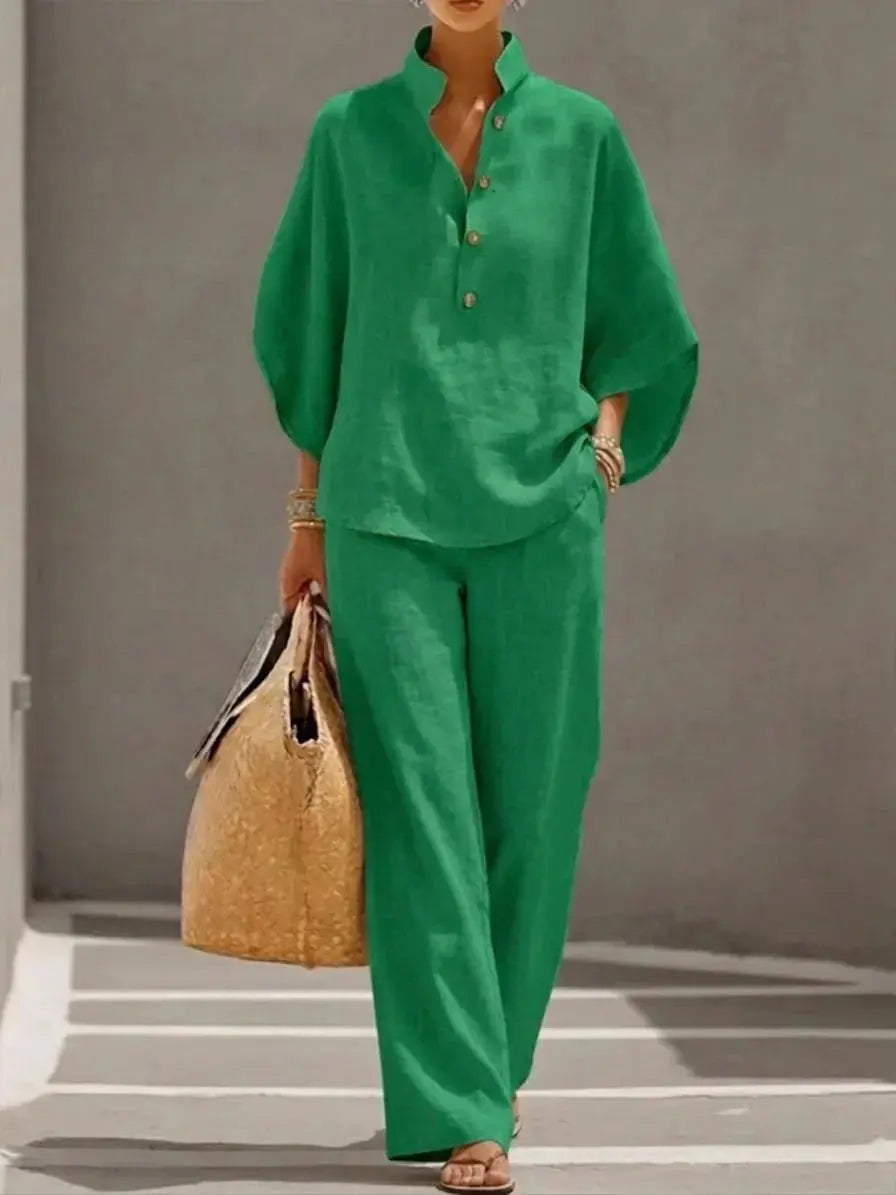 MARIBEL | Linen outfit with batwing sleeves and wide-leg trousers CULT ÉIRE